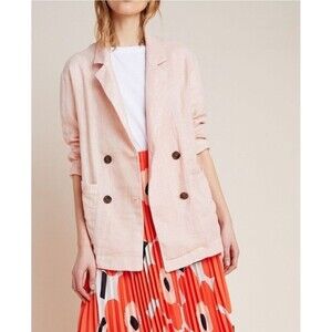 Amadi Anthropologie M Blazer Kaye Oversized Double Breast Pink Linen- Metallic